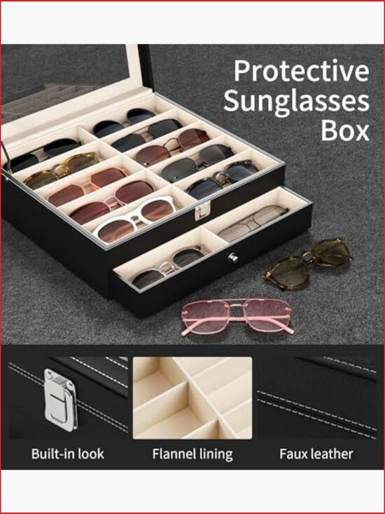 20 Slots Sunglass Organizer - PU Leather, Velvet Interior, UV-Blocking Lid main image 6